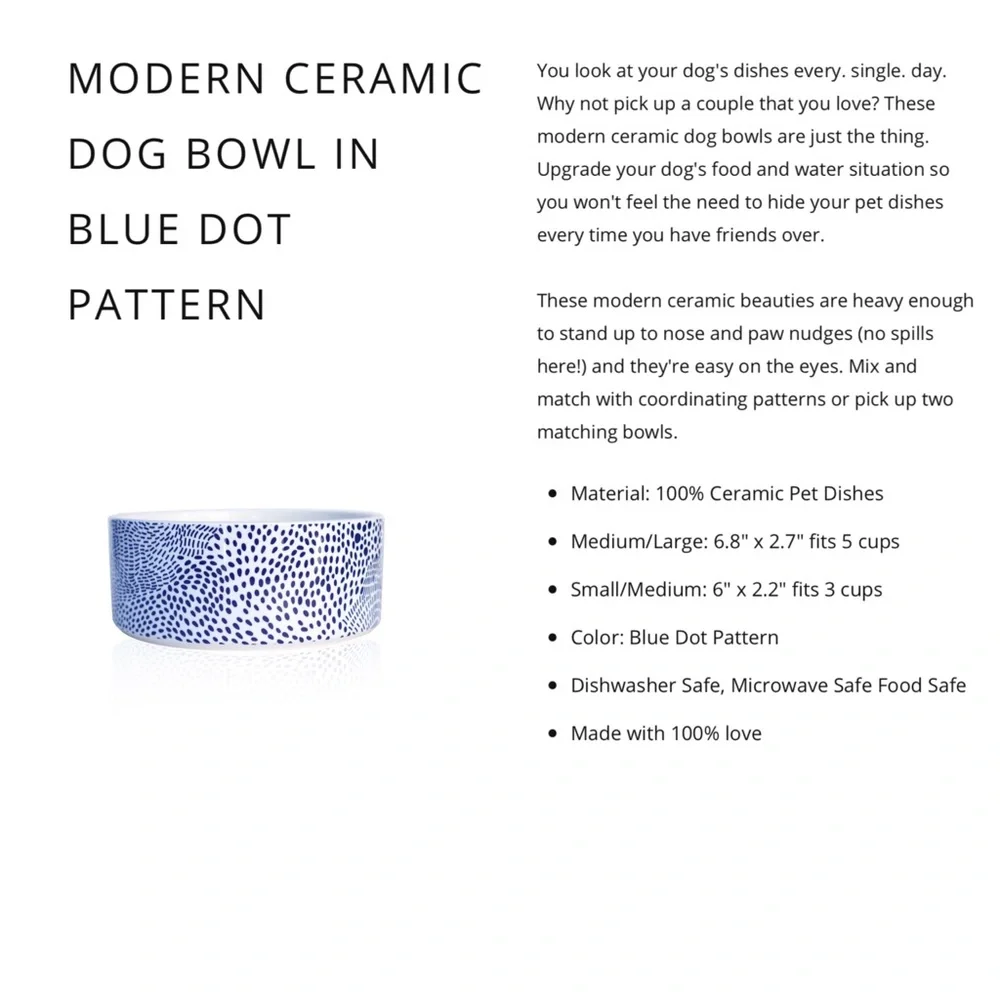 Modern Ceramic Dog Bowl in Blue Dot Pattern